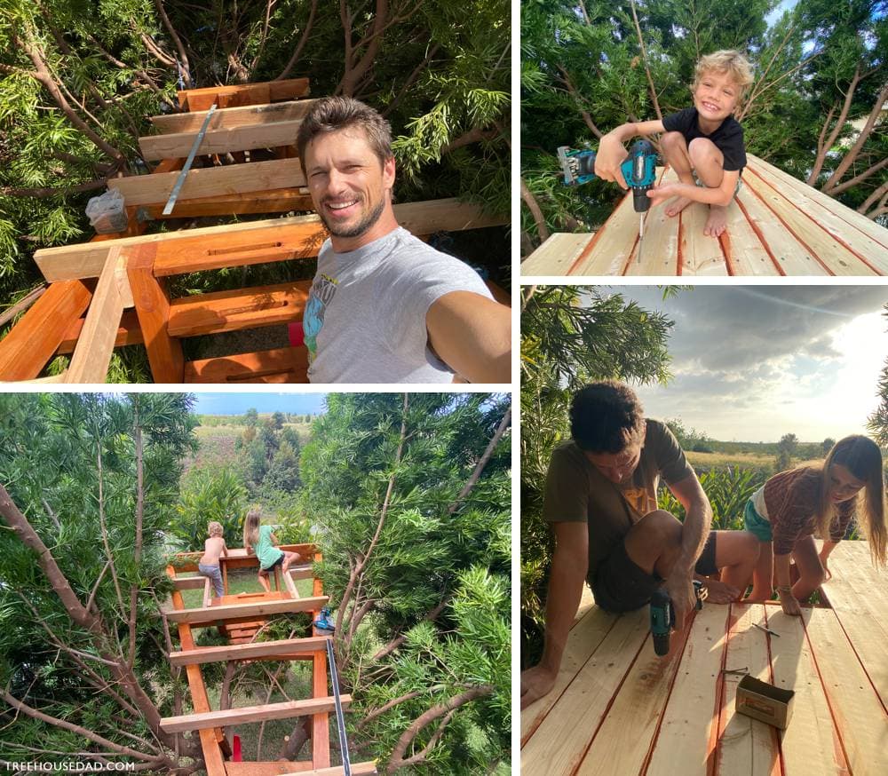 Kids help with treehouse